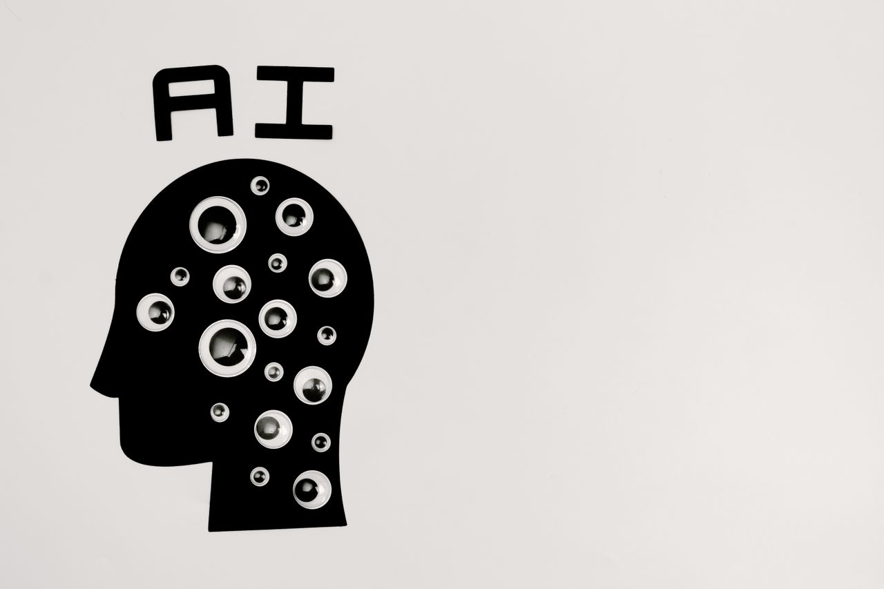 Services Abstract illustration of AI with silhouette head full of eyes, symbolizing observation and technology.